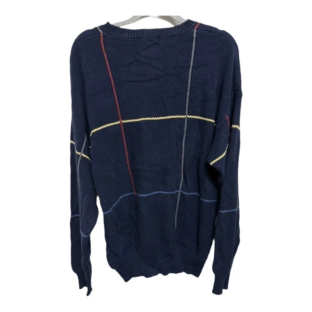 Nautica Dark Blue Grid Stripe Pullover Sweater Heavy Cotton Knit Preppy Retro L